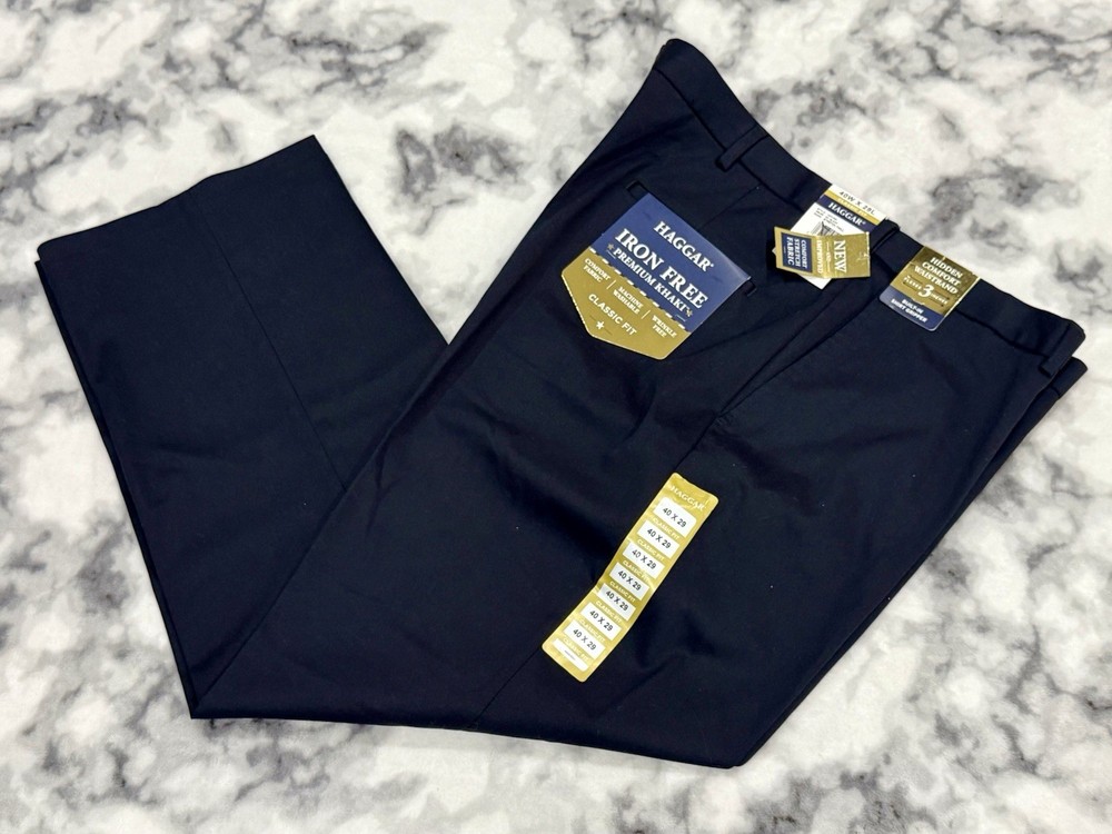 Haggar Men's Classic Fit Dress Pants Black Comfort Stretch Flat Front 40x29