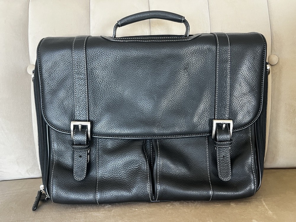 Johnston & Murphy Leather Flapover Briefcase Black Laptop Messenger Bag Shoulder
