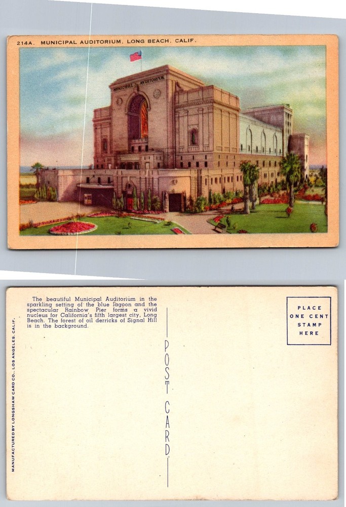 Long Beach CA Municipal Auditorium Rainbow Pier Linen Postcard 1930s