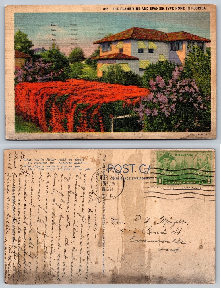 FLORIDA Spanish Home Flame Vine Linen Postcard 1938 Orlando Postmark