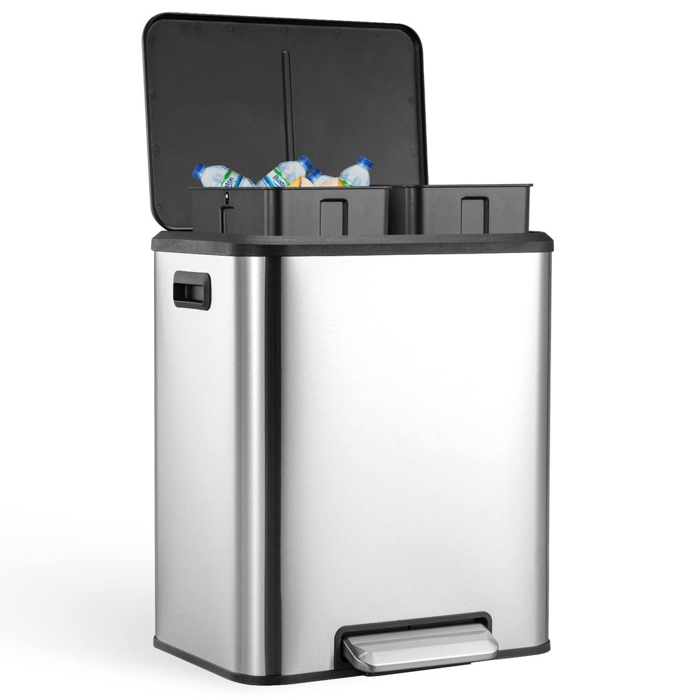 Dual Trash Can, Stainless Steel 2 x 4 Gal (2 x 15L) Garbage Can, Steel Pedal ...