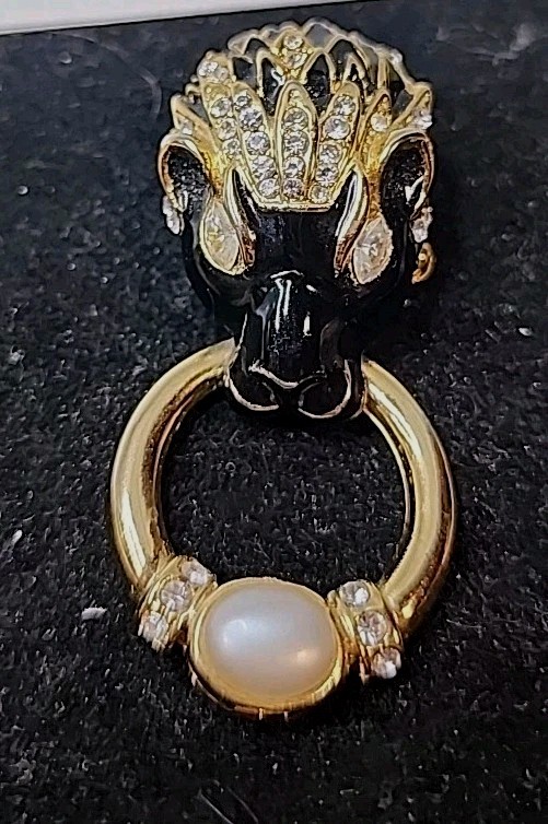 VTG Ciner? Black Panther Enamel Door Knocker W/Swarovski Crystal Brooch/Pendant