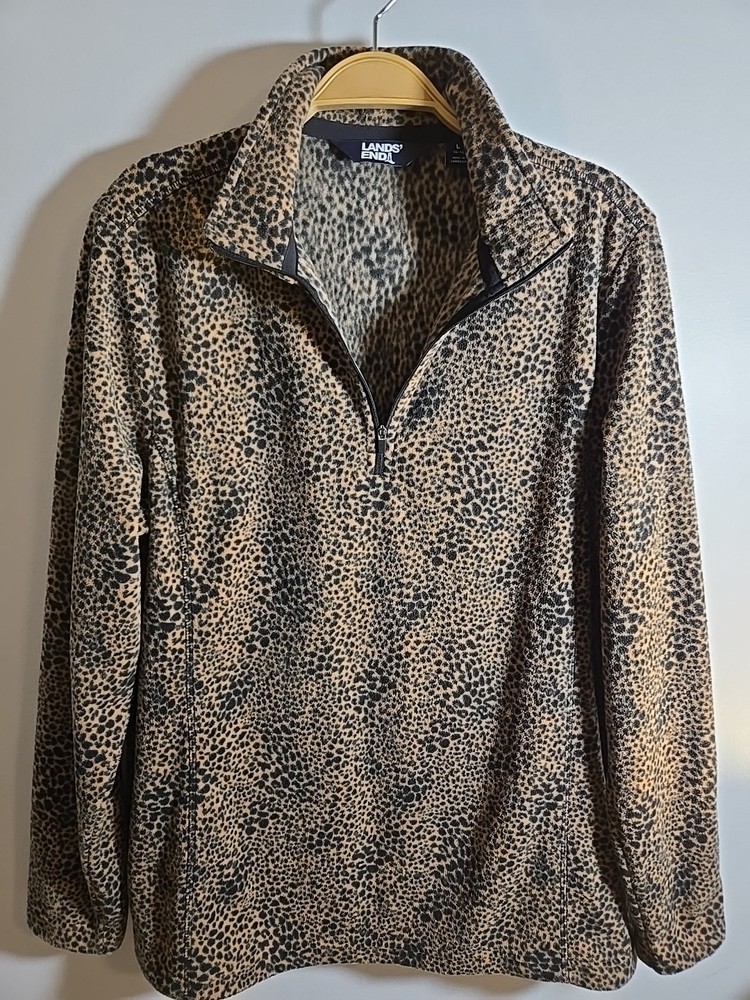NWOT Lands End Leopard Print Fleece 1/4 Zip Pullover Top Soft Warm Cozy Large