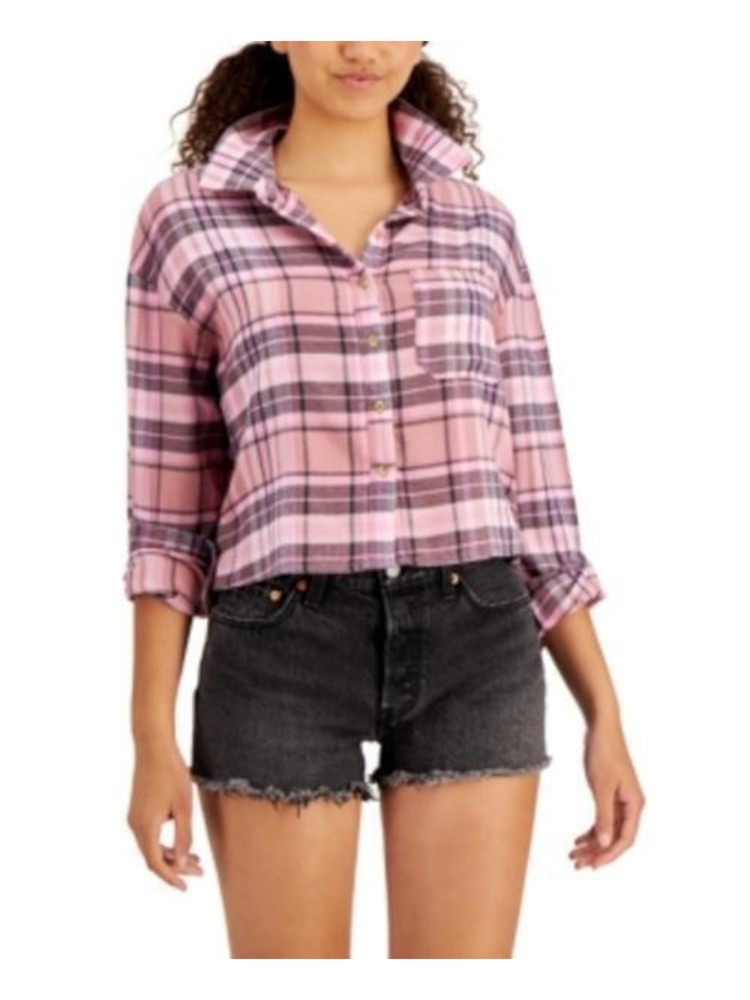 SELF E Womens Pink Relaxed Fit Plaid Cuffed Sleeve Button Up Top XL