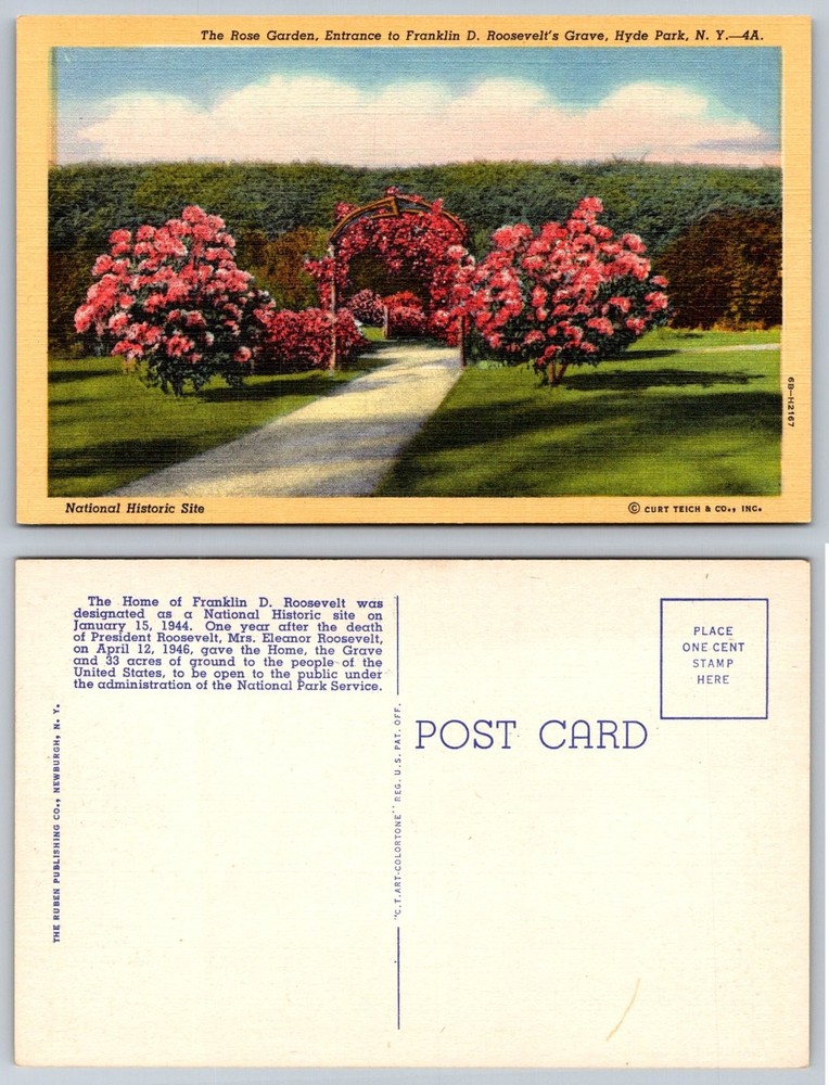 FDR's Grave Hyde Park NY Rose Garden National Historic Site Linen Postcard