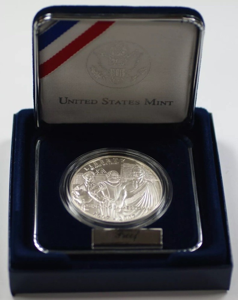 2007 Jamestown 400th Anniversary Proof Silver Dollar with Box and COA