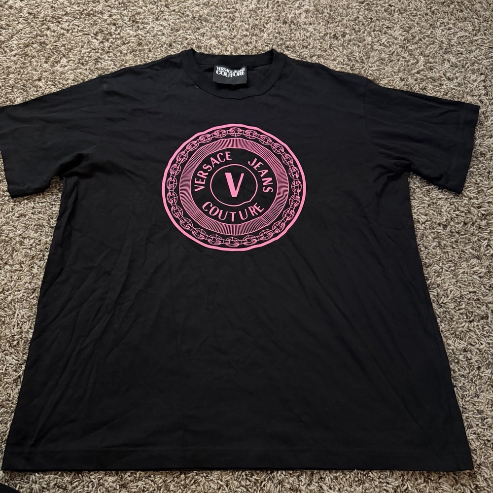 Mens Versace Jeans Collection Black Tee with Pink Logo XL