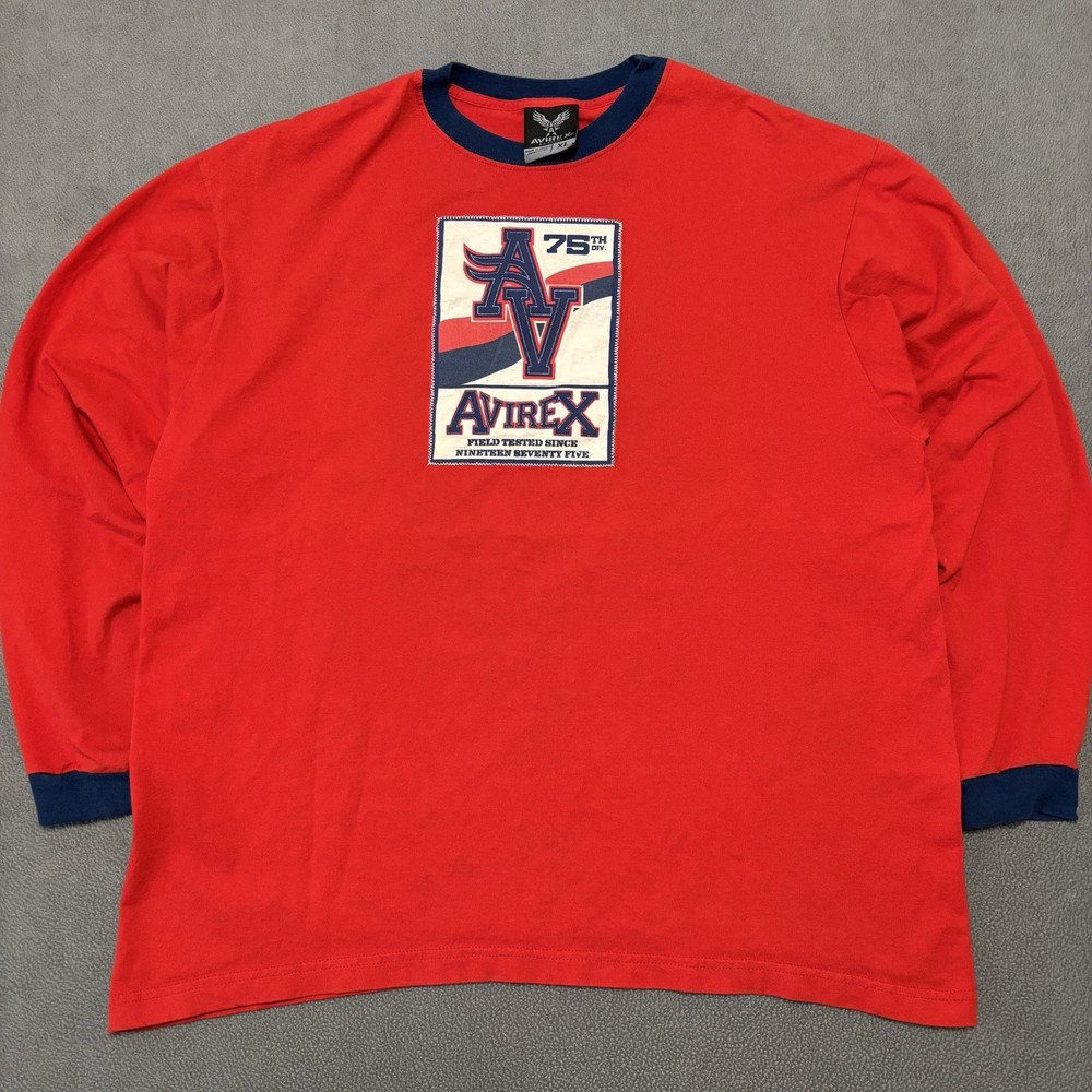 Vtg Avirex 75th Division Long Sleeve Ringer Shirt Men's XL Red Graphic Print Y2K