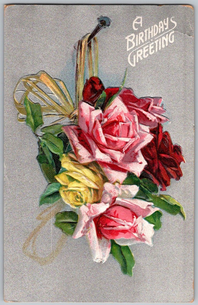 Antique Postcard Birthday Roses Bouquet 1910s
