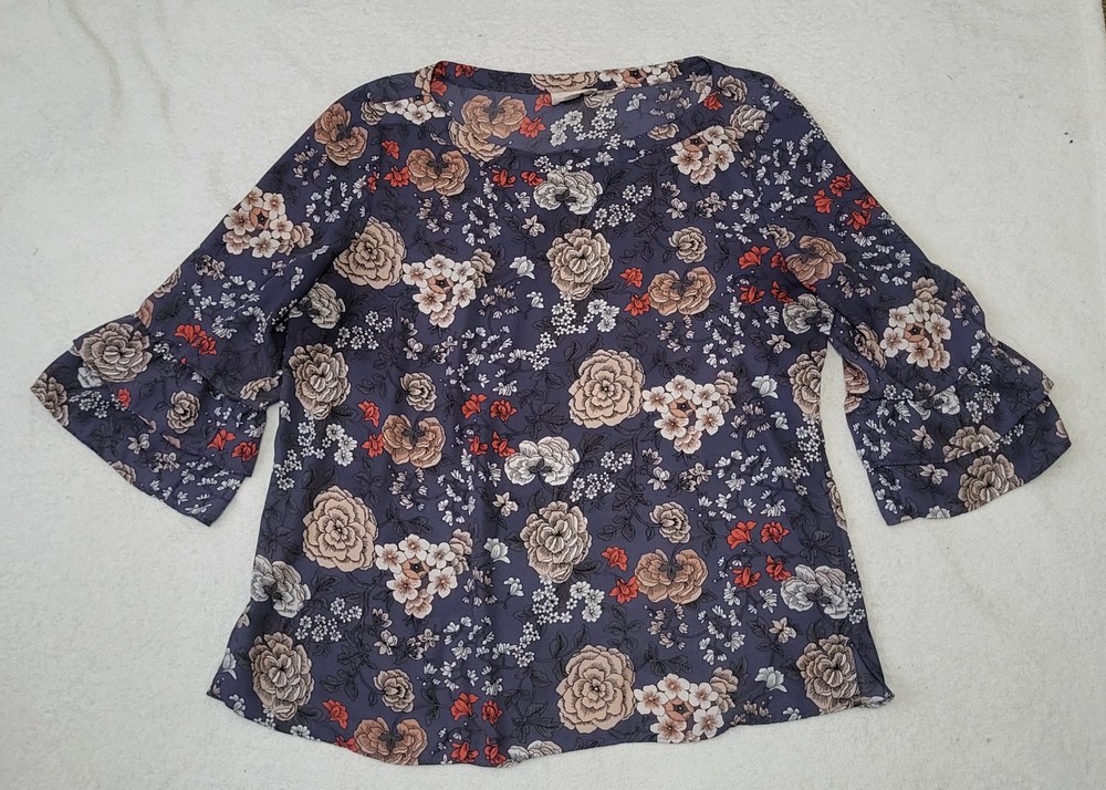 Loft Outlet Top Women's XL Blue Floral Blouse Bell Sleeve Boho Cottagecore