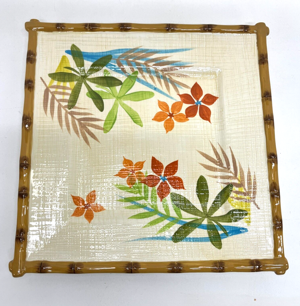 Hawaiian Tropical Ceramic Square Dinner Plate with Tiki Design | Home Ipanema