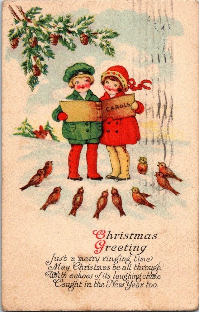 1921 Christmas Caroling Children Postcard J.P. N.Y. Birds Winter Scene