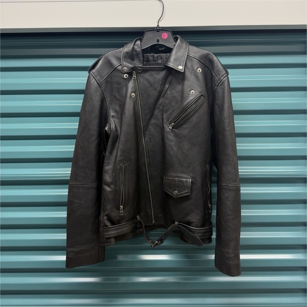 Premium Leather Black Biker Jacket XL Zipper Button Notch Collar Men's