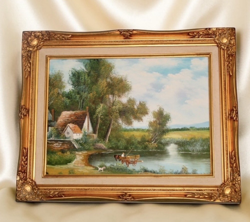 Vintage Countryside Oil Painting – Ornate Frame
