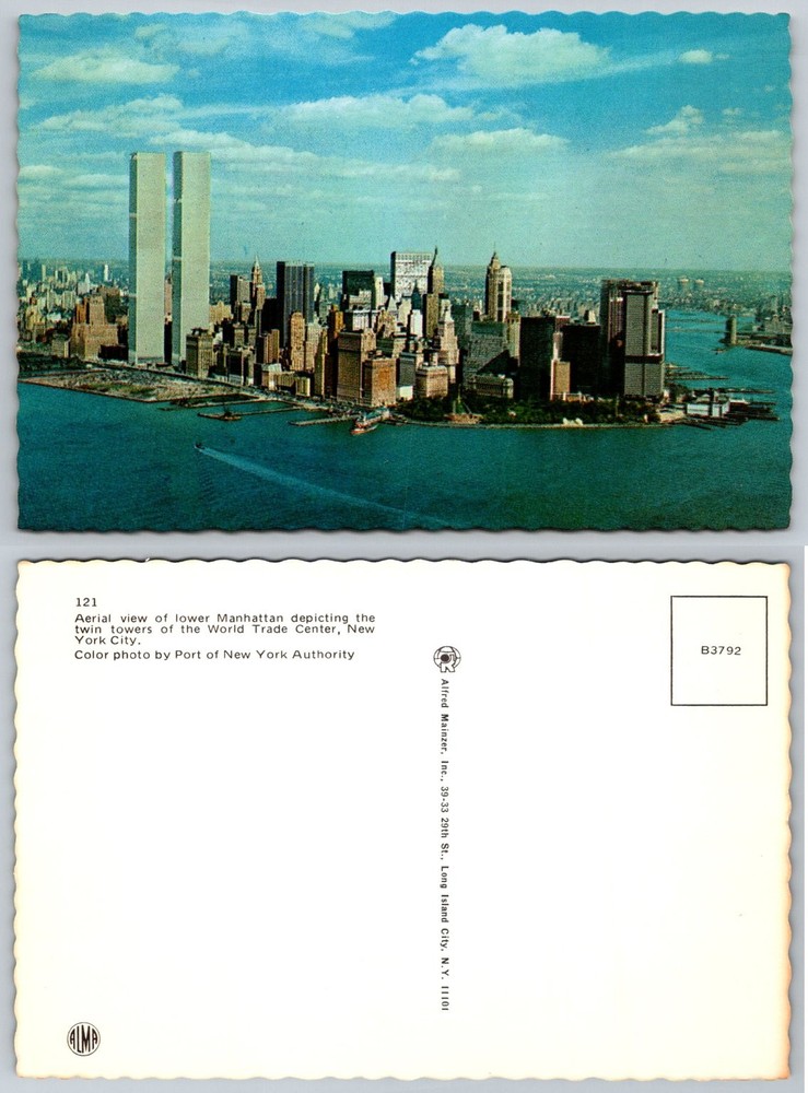 Vintage WTC Twin Towers NYC Lower Manhattan Aerial View Postcard Alfred Mainzer