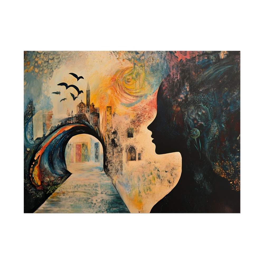 Surreal Dreamlike Cityscape & Silhouette Abstract Art Poster  -image