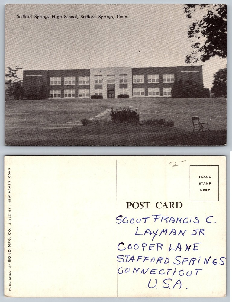 Stafford Springs High School CT Postcard Bond Mfg. Co. Mid-Century