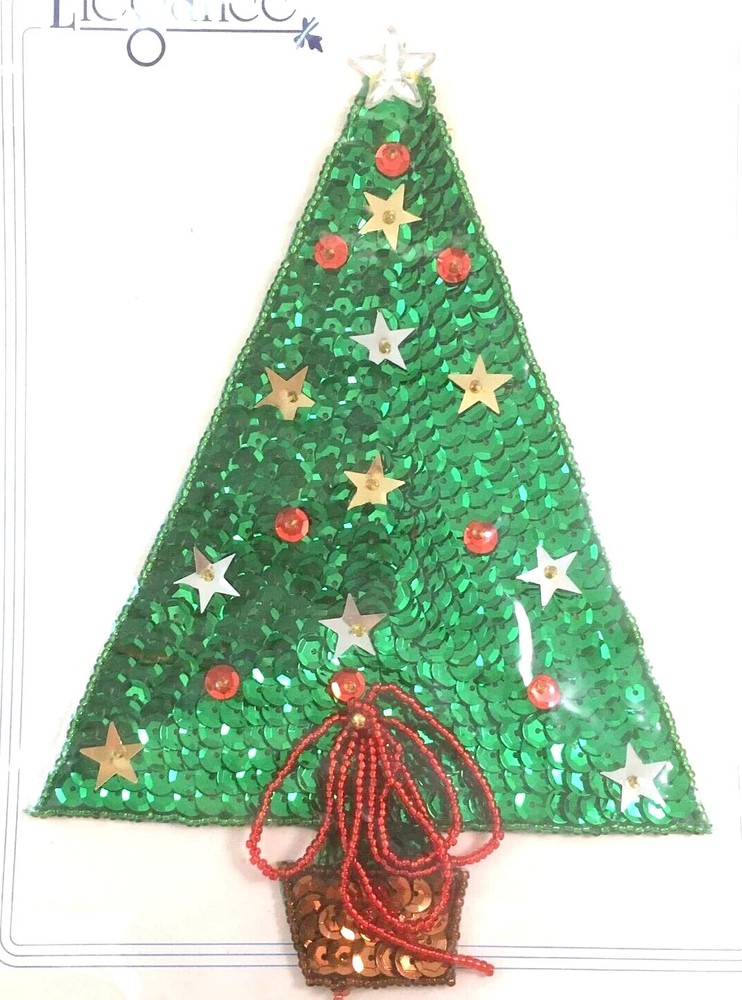 VTG Elegance Applique Christmas Tree Bow Sequin Green Red Large 7x5” Patch DIY