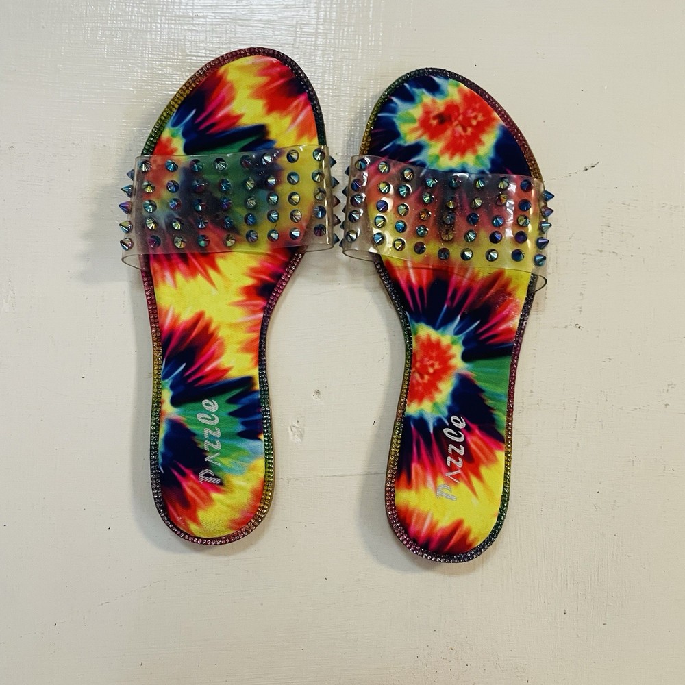 Pazzle Tie-diy  Rainbow Flat Sandals With Studs  In Front Size 7.5