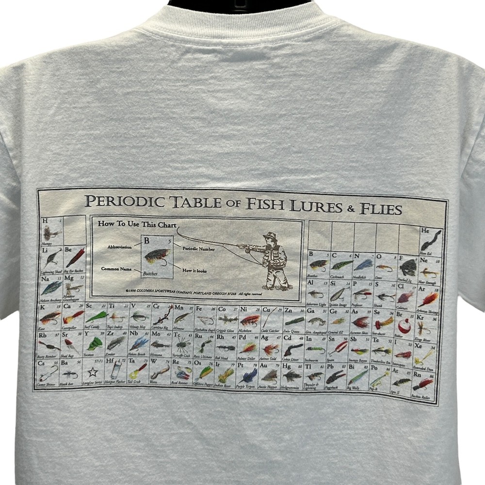 Columbia Periodic Table of Fish Lures Flies T Shirt Mens Medium Fishing White