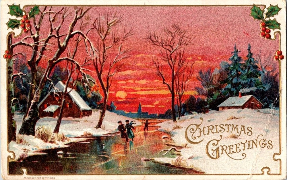 1910 H. Wessler Christmas Greetings Postcard Ice Skaters Sunset Winter Scene