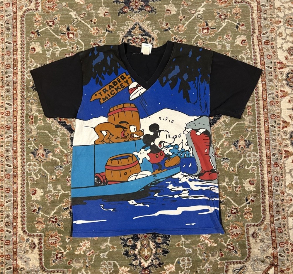 Vintage 90s Disney V Neck T Shirt Mickey Crocodile AOP All Over Print XL