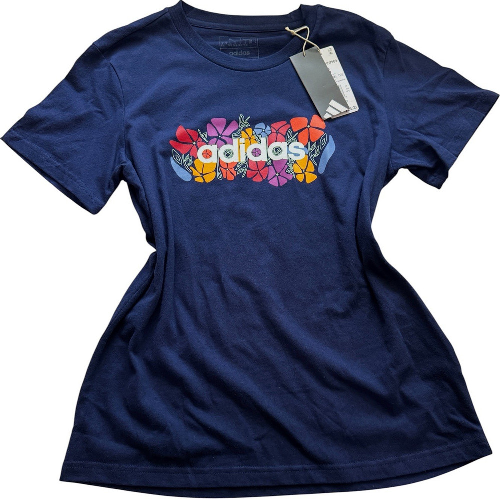 Adidas Women's Navy Blue Floral Logo Cotton Short Sleeve T-Shirt Size S