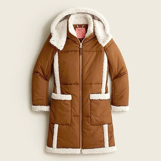 J. Crew Women’s Snowday Puffer Jacket With PrimaLoft Size Medium Pecan Sherpa