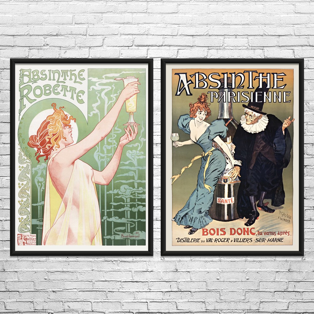 Absinthe Vintage Ad Wall Art Set of 2 Poster, Canvas or Framed Liquor Sign-image