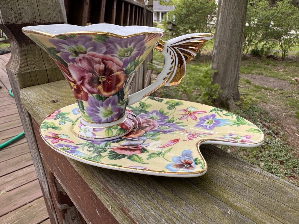 Ganz Teacup And Saucer Floral Set, Yellow Pink Purple Green Gold Tea Cup
