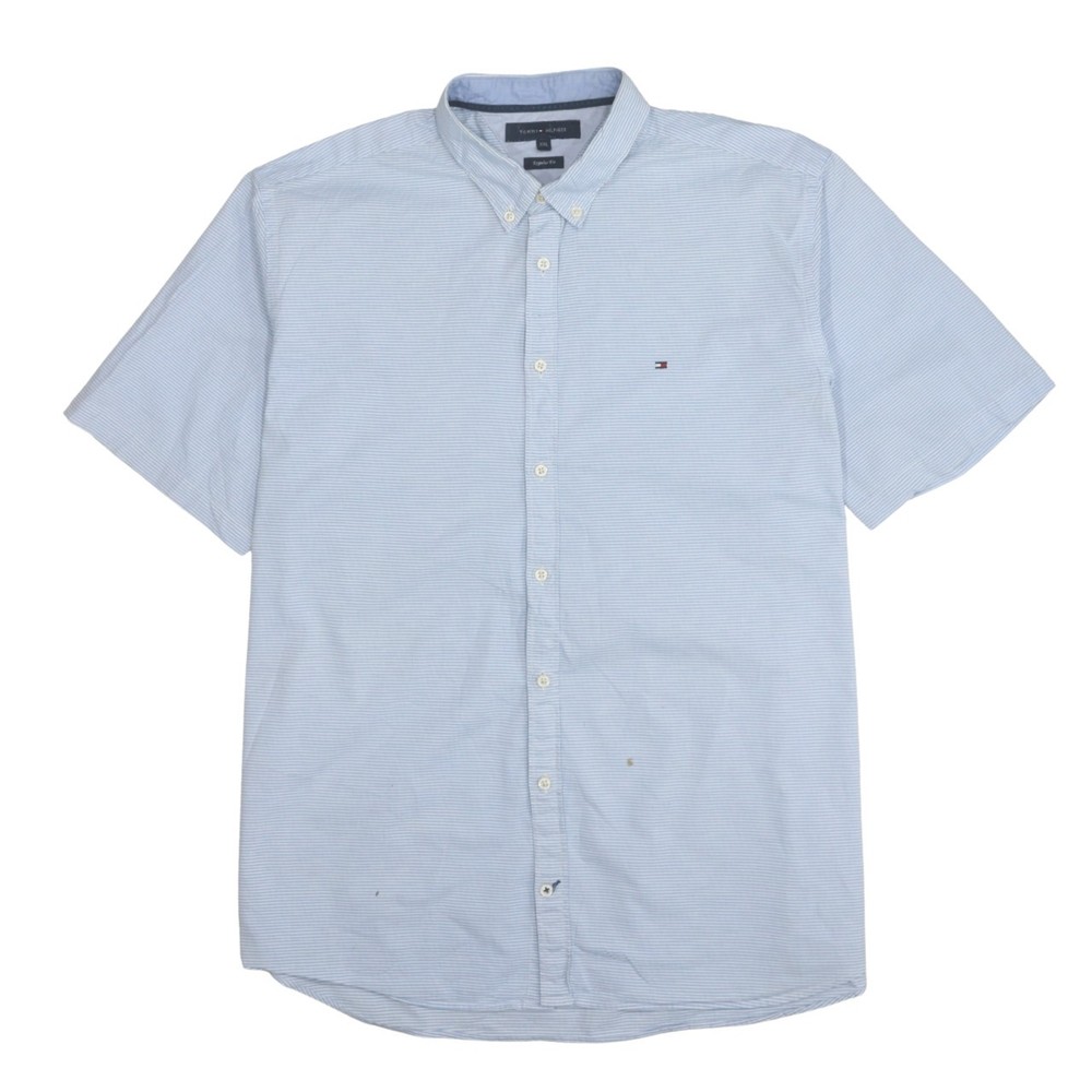 Tommy Hilfiger Womens Button Up Shirt Light Blue Striped Cotton Flag Logo XXL