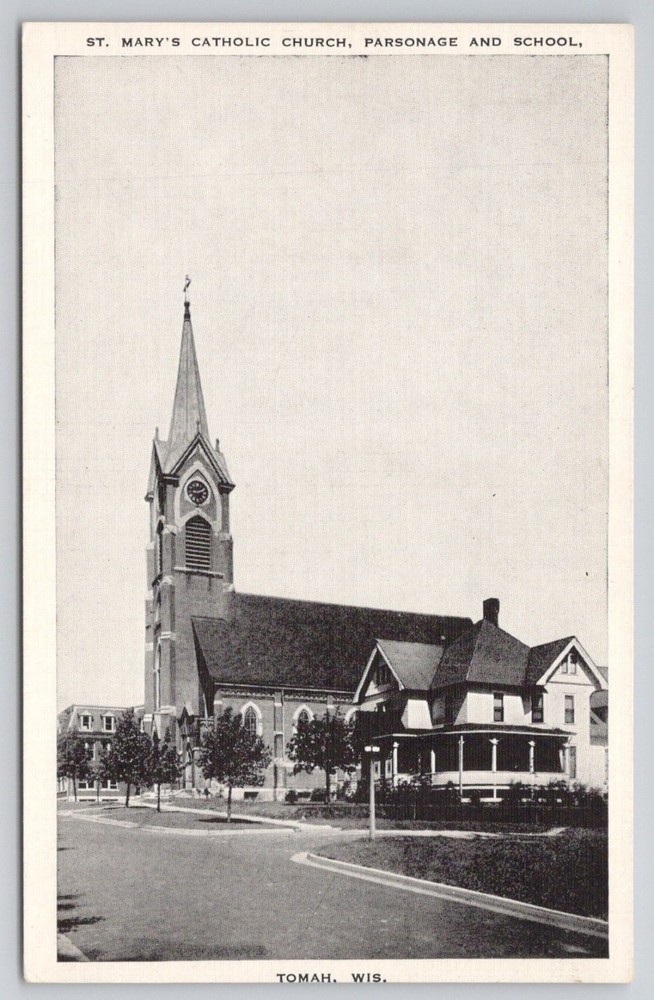Tomah WI St. Mary's Catholic Church, Parsonage & School Vintage Postcard