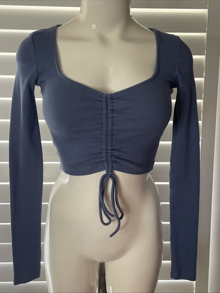 Juniors Zara Gulf Blue Long Sleeve Cropped Tie Front Blouse Top Size Small