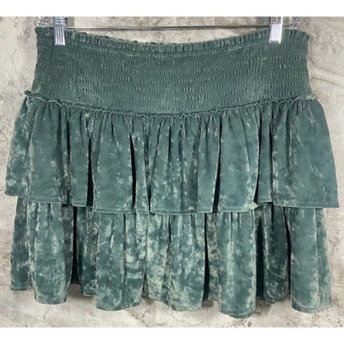 Aerie Green Velvet Tiered Ruffle Mini Skirt Smocked Waist Sz XL
