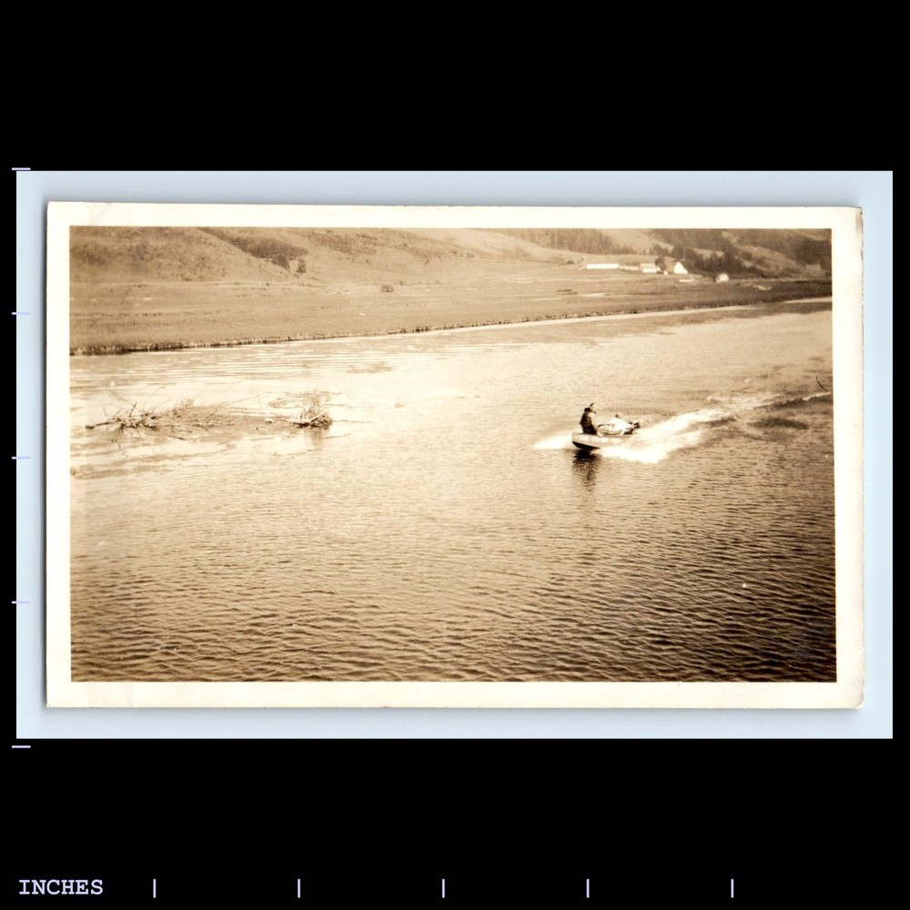 Old Vintage Photo MAN IN MOTORBOAT ON LAKE