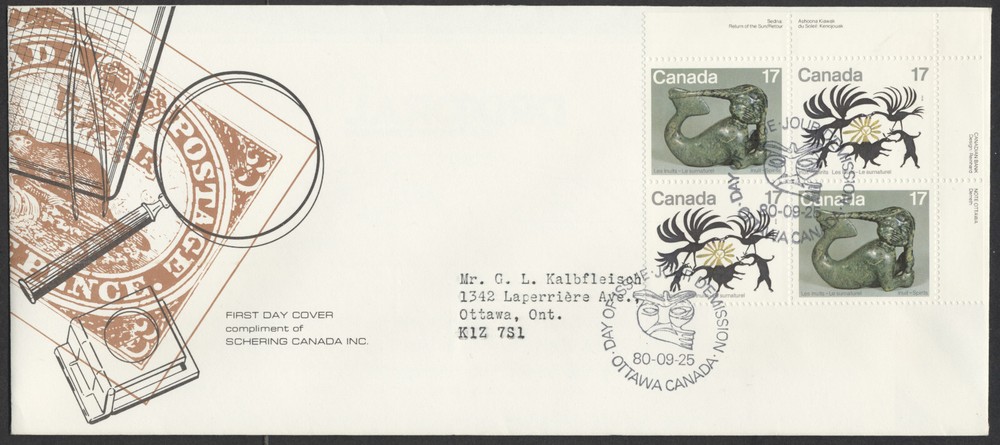 1980 Inuit Spirits FDC Block Schering GP Cachet Stamps #866-867