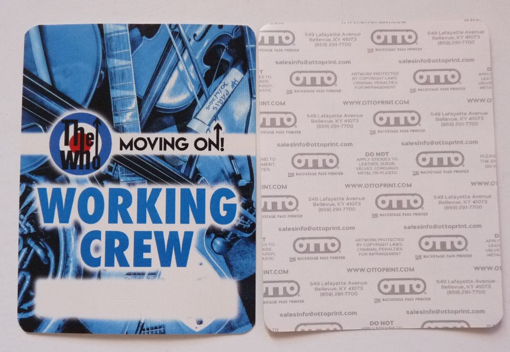 The Who Blue Moving On Up Working Crew 2019 Concert Tour Backstage Pass D15