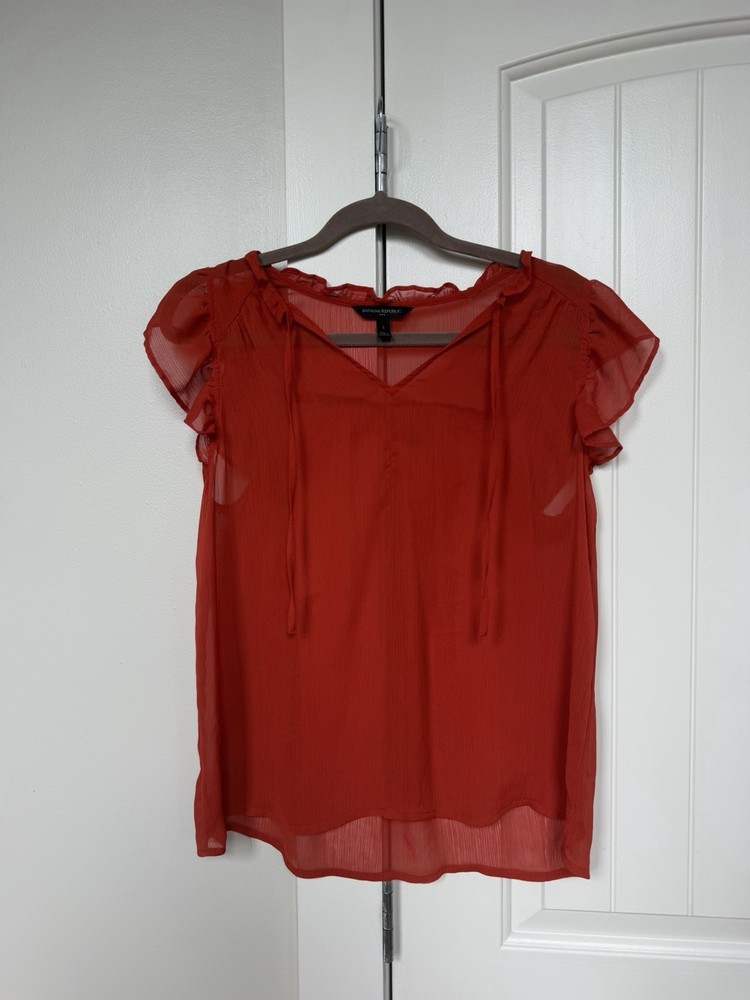 Banana Republic Women’s S Red Sheer Chiffon V-Neck Ruffle Flutter Blouse