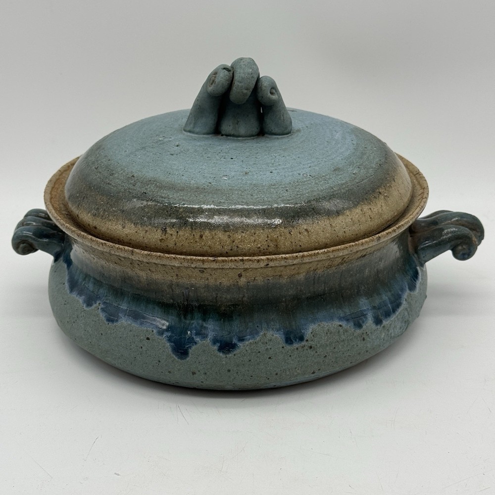 Studio Art Pottery Stoneware Handmade Casserole Dish Bean Pot Double Handle Lid