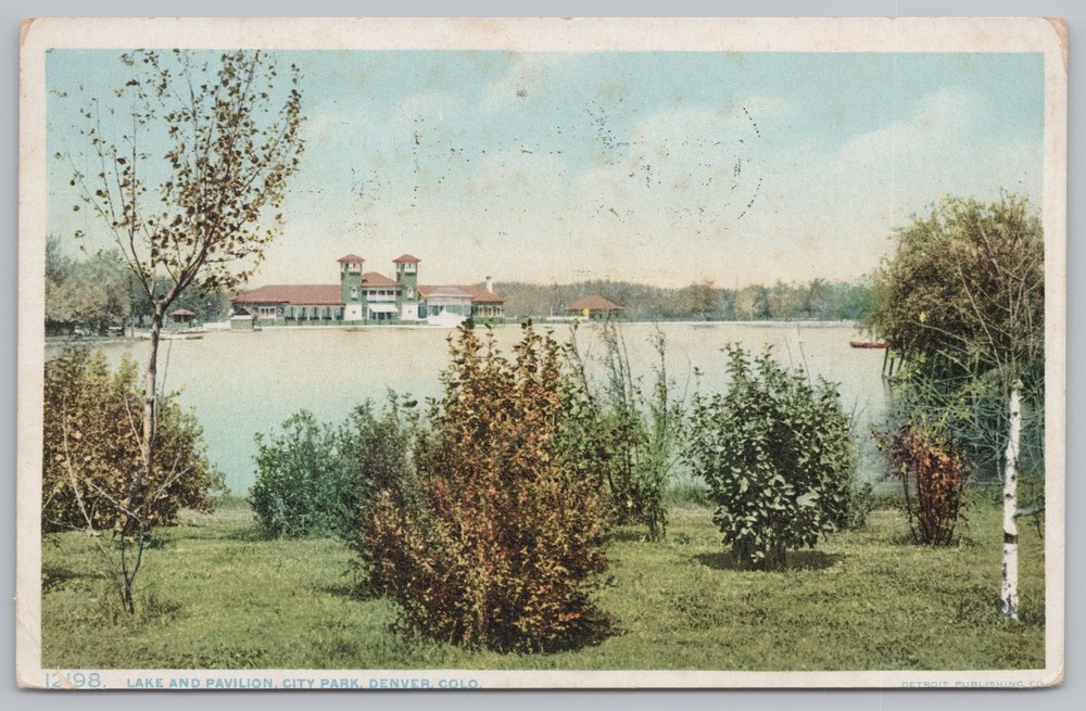 Denver Colorado~City Park~Lake & Pavilion~Birch Trees~Vintage Postcard