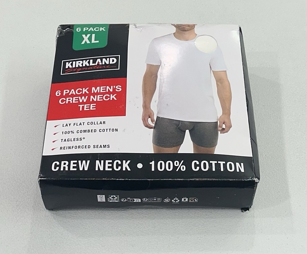 Kirkland Signature Men's 6-Pack Crew Neck Lightweight Tee, White, Size XL