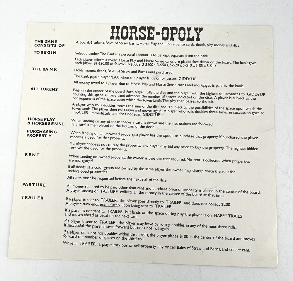 Horse-opoly Board Game - Late for the Sky - Replacement Instructions