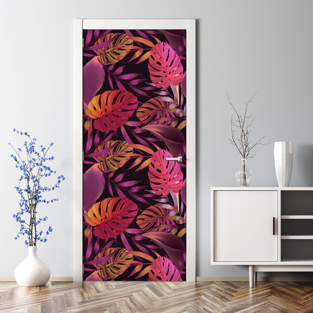 Tropical purple and orange jungle leaves peel and stick door decal