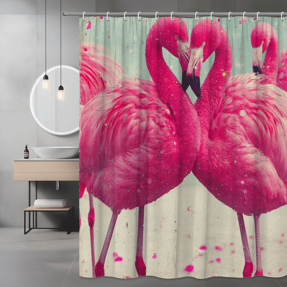 Pink Flamingo Pair Shower Curtain, Tropical Bird Print