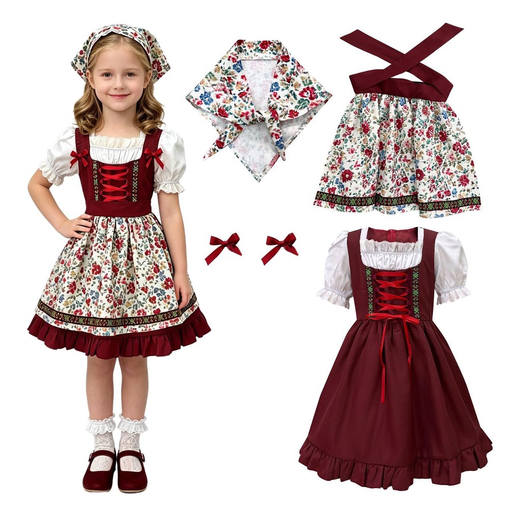 Kids Girls Dress Up Gathering Cospaly Holiday Costume Lace Trim Bavarian Stage