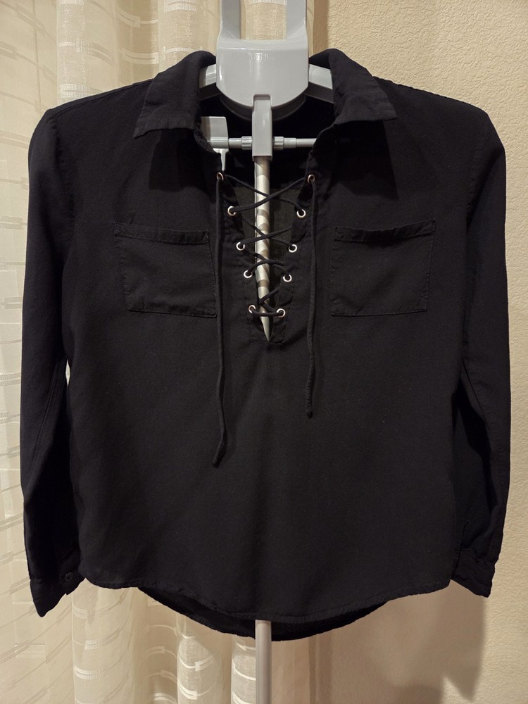Lulu's Lace Up Blouse Women's Sz XS Black Rayon Long Sleeve