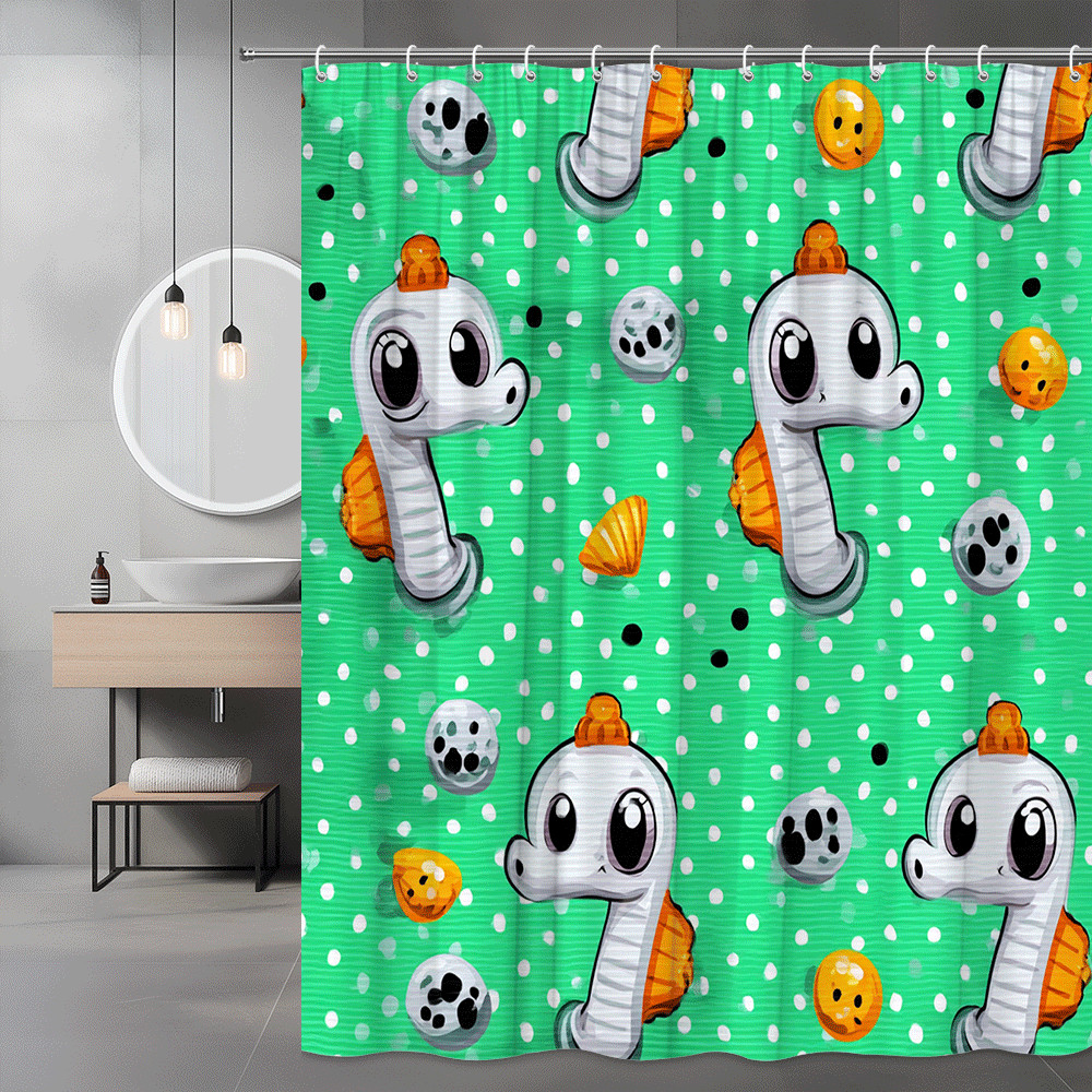 Cute Seahorse Shower Curtain Green Polka Dot Cartoon Print