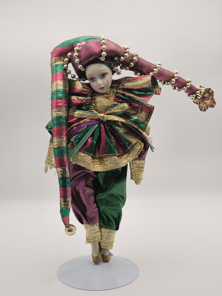 Vintage 8-inch Porcelain Harlequin Jester Doll with Display Stand