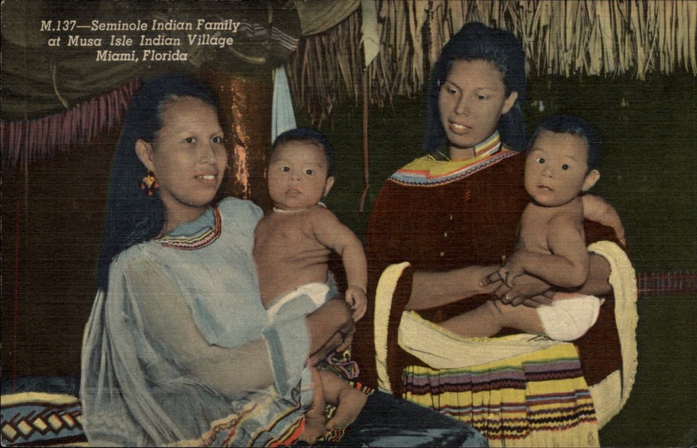 Miami Florida ~ Musa Isle Indian Village Seminole Family babies linen postcard
