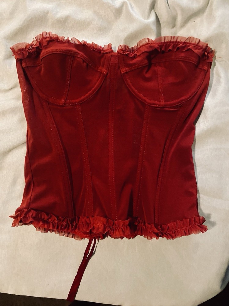 Womens Medium Red Corset Top With Lace/ Strapless/ Sheer
